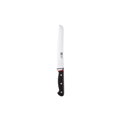 Nóż do chleba Richardson Sheffield R123 Velocity 20 cm z ząbkowanym ostrzem ze stali nierdzewnej oraz czarną, nitowaną rękojeścią z czerwonym akcentem.