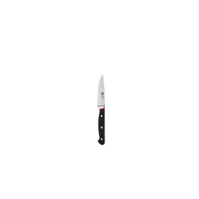 Nóż obierak 9 cm Richardson Sheffield R123 Velocity z czarną rękojeścią z trzema nitami i czerwonym akcentem, widoczny na białym tle. Na ostrzu logo producenta.