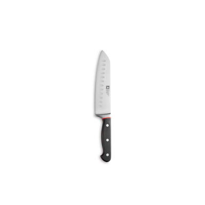 Nóż Santoku 17,5 cm Richardson Sheffield R123 Velocity z czarną rękojeścią, srebrnym ostrzem z wgłębieniami i czerwonym akcentem, widok z góry na białym tle.