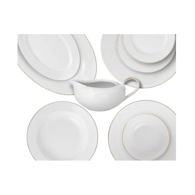 Serwis obiadowy dla 12 osób H137 YVONNE Bella marki Chodzież. Biała porcelana z delikatnym złotym zdobieniem, obejmująca talerze, półmiski oraz sosjerkę.