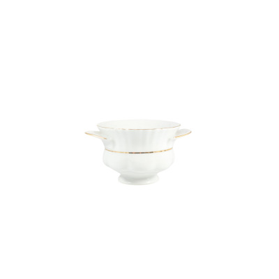 Bulionówka Chodzież Iwona B014 o pojemności 0,30 l z białej porcelany o falistym brzegu, zdobiona elegancką złotą linią, widok z boku na tle izolowanym.