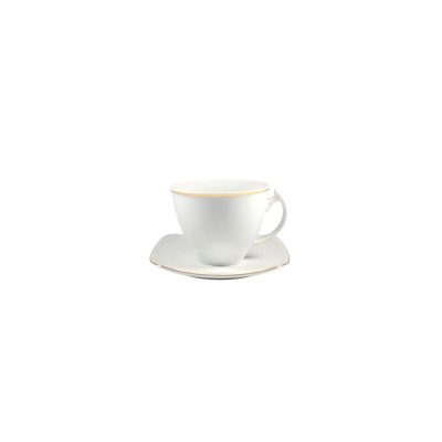 Biała filiżanka 0,20 l ze spodkiem z kolekcji Akcent Złota Linia marki Chodzież. Klasyczna porcelana o subtelnym, nowoczesnym kształcie z eleganckim złotym
