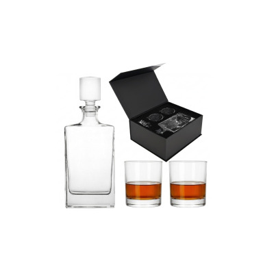 Komplet do whisky Glasmark NOVA: szklana karafka z korkiem, dwie szklanki z bursztynowym trunkiem oraz eleganckie czarne pudełko prezentowe z miejscem na