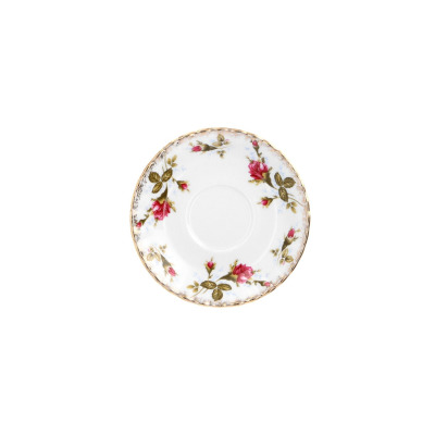 Porcelanowy spodek Chodzież Iwona Złota róża o średnicy 16 cm. Białe naczynie z delikatnym motywem różowych kwiatów, zielonych liści oraz eleganckim złotym