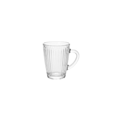 Przezroczysty kubek szklany Victoria marki Glasmark o pojemności 250 ml z pionowymi żłobieniami, widoczny z profilu na białym tle.