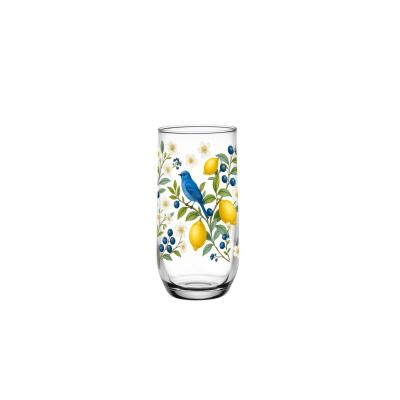 Szklanka wysoka Glasmark 400 ml z serii Cytrynowy sad. Przezroczyste szkło ozdobione kolorowym motywem niebieskiego ptaka, żółtych cytryn, białych kwiatów i