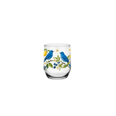 Szklanka niska Glasmark 300 ml z serii Cytrynowy sad. Przezroczyste szkło ozdobione kolorowym motywem dwóch niebieskich ptaków na gałązce z cytrynami i
