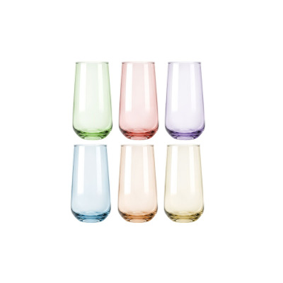 Zestaw sześciu szklanek wysokich 430 ml Joyful Mix marki Glasmark w pastelowych odcieniach zieleni, różu, fioletu, błękitu, brzoskwini i żółci na białym tle.
