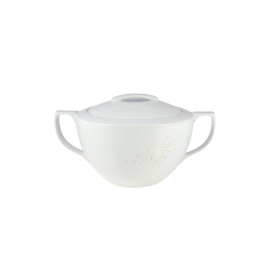 Biała waza Chodzież CITY o pojemności 2,5 l z pokrywką. Porcelanowe naczynie z dwoma uchwytami, zdobione delikatnym, pionowym prążkowaniem i złotymi kropkami.