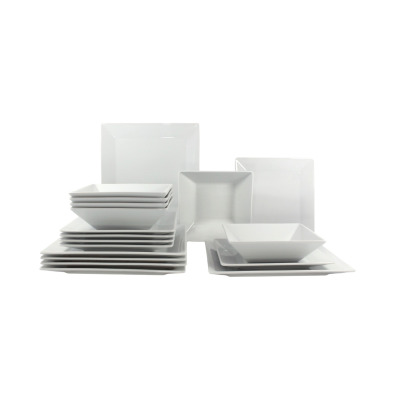 Zestaw talerzy dla 6 osób CLASSIC marki Lubiana. Białe, kwadratowe naczynia z porcelany ułożone w stosy, prezentujące nowoczesny design i minimalistyczny styl.