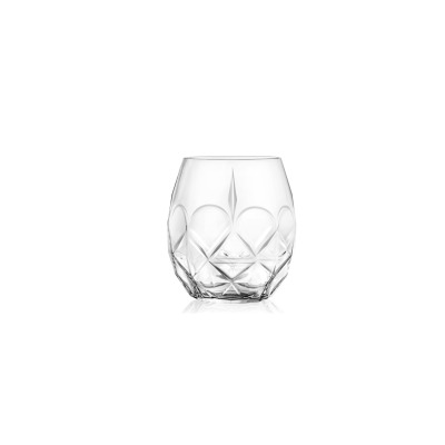 Szklanka niska RCR Alkemist o pojemności 380 ml z przezroczystego szkła kryształowego o eleganckim, geometrycznym szlifie i zaokrąglonym kształcie.