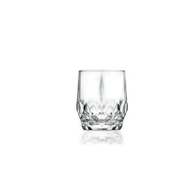 Szklanka do whisky Alkemist marki RCR o pojemności 350 ml. Przezroczyste szkło kryształowe z eleganckim, geometrycznym szlifem, widoczne na białym tle.