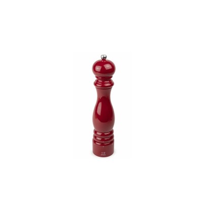 Czerwony młynek do soli Peugeot Paris Red Passion o wysokości 30 cm w klasycznym, lakierowanym stylu. Widoczny metalowy mechanizm regulacji i logo marki.