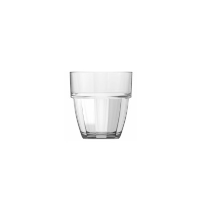 Przezroczysta szklanka Enigma marki Onis o pojemności 200 ml. Naczynie o klasycznym designie z pionowymi żłobieniami w dolnej części i gładkim rantem.