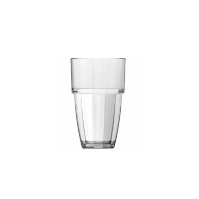 Przezroczysta szklanka Enigma marki Onis o pojemności 350 ml. Naczynie o nowoczesnym designie z pionowymi żłobieniami w dolnej części i gładkim rantem.