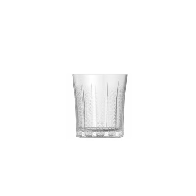 Przezroczysta szklanka Onis Mosaic o pojemności 355 ml z eleganckim, geometrycznym wzorem w jodełkę i pionowymi żłobieniami, widok z przodu na białym tle.