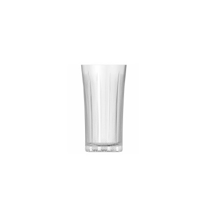 Szklanka Cooler Onis Mosaic o pojemności 470 ml z przezroczystego szkła, ozdobiona eleganckim geometrycznym wzorem w jodełkę i pionowymi żłobieniami.