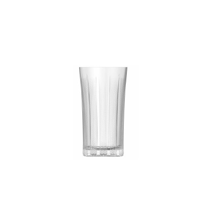 Szklanka Highball Onis Mosaic o pojemności 355 ml z przezroczystego szkła, ozdobiona eleganckim, geometrycznym wzorem w jodełkę i pionowymi żłobieniami.