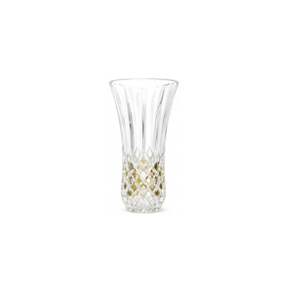 Wazon kryształowy Bohemia Opera Gold o wysokości 30 cm. Przezroczyste szkło z eleganckim szlifem w romby, zdobione złotymi akcentami w dolnej części naczynia.