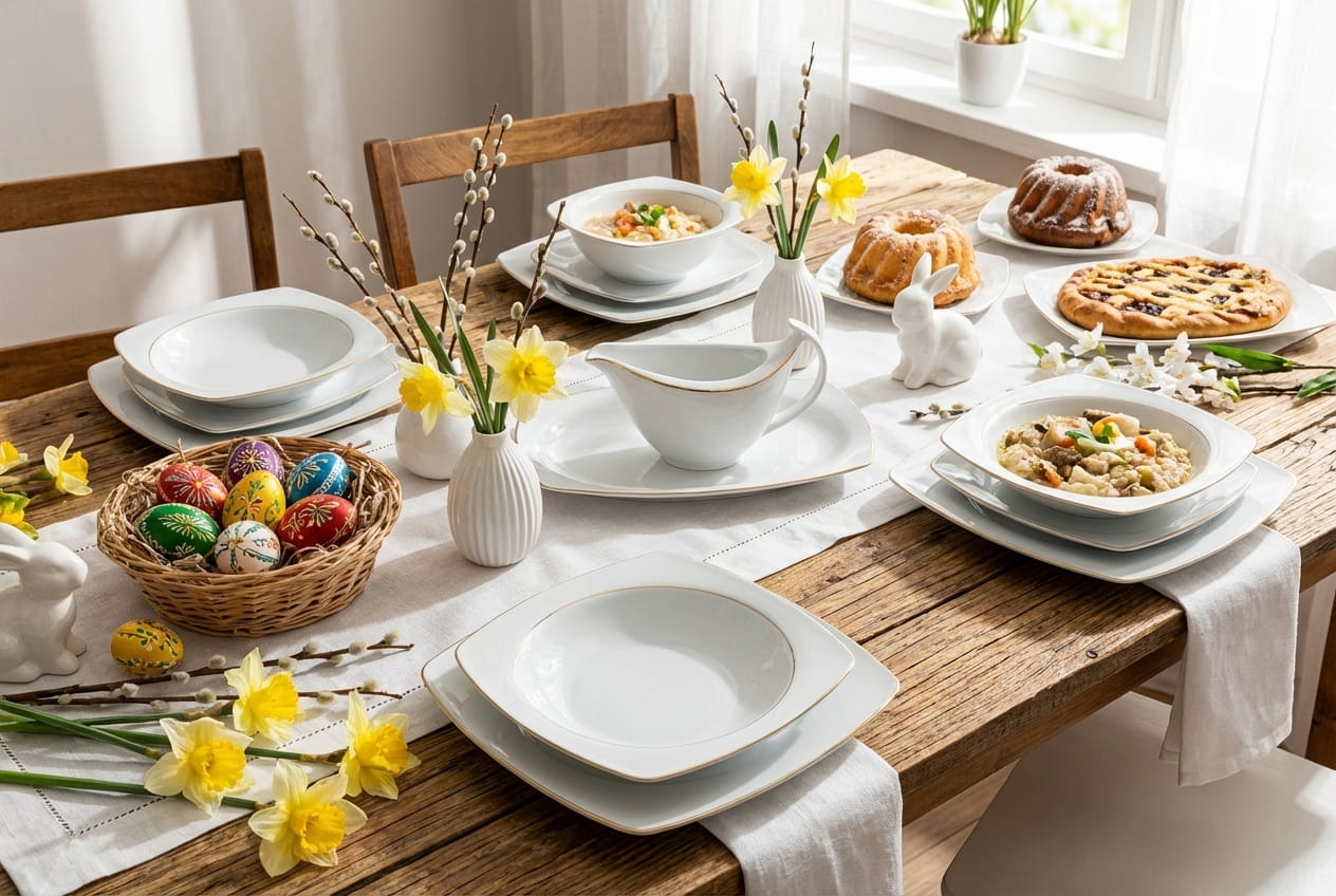 Serwis obiadowy Chodzież Akcent Złota Linia dla 12 osób, 44 elementy. Biała porcelana ze złotym paskiem na wielkanocnym stole z żonkilami i pisankami