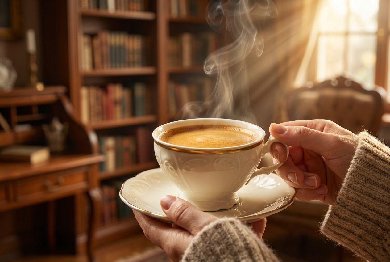 Elegancka filiżanka porcelanowa Bernadotte Ivory Gold o pojemności 360 ml na tle biblioteczki.