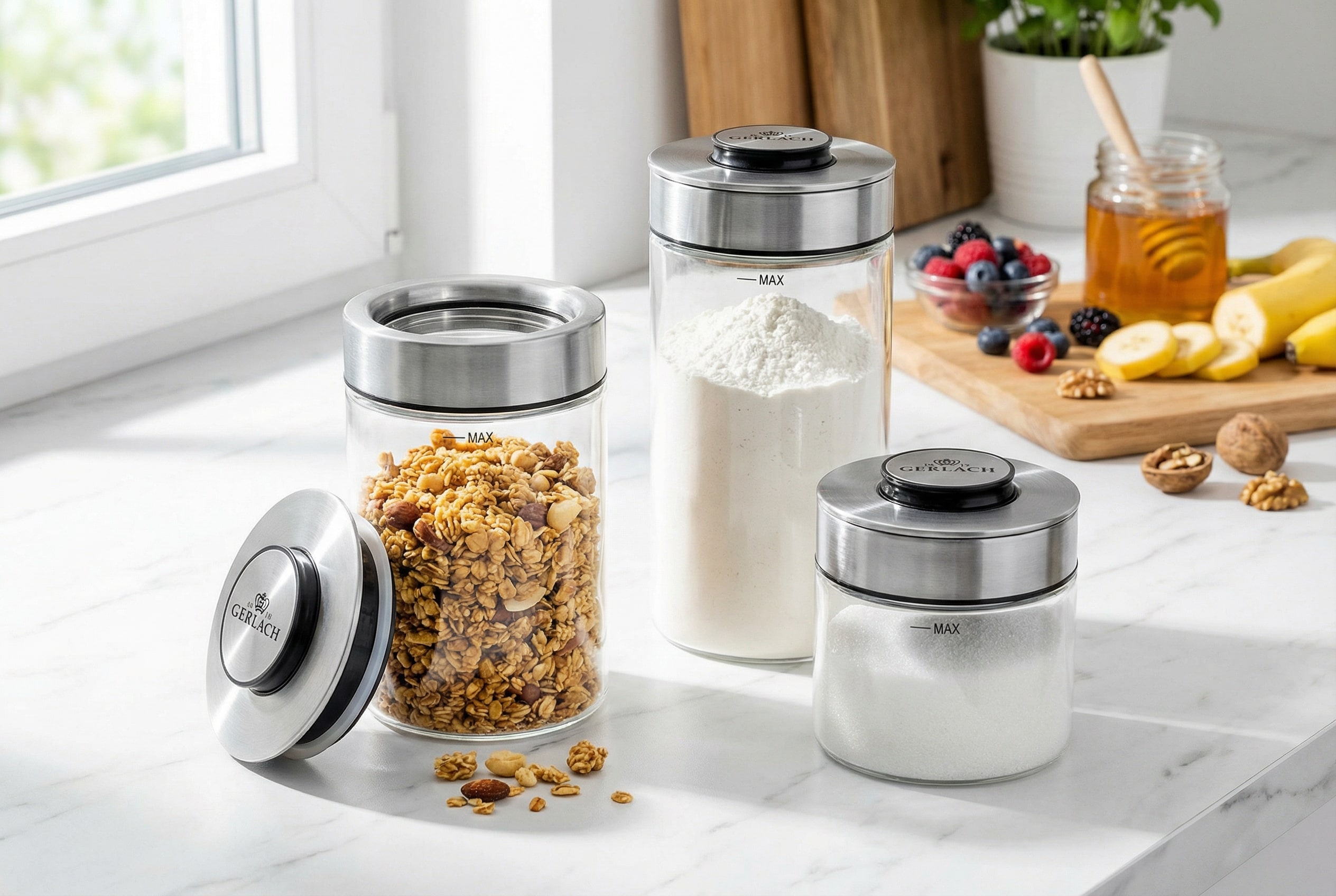 Zestaw trzech szklanych pojemników na żywność Gerlach Ambiente z hermetycznymi stalowymi pokrywkami, wypełnionych produktami sypkimi na białym blacie kuchennym.