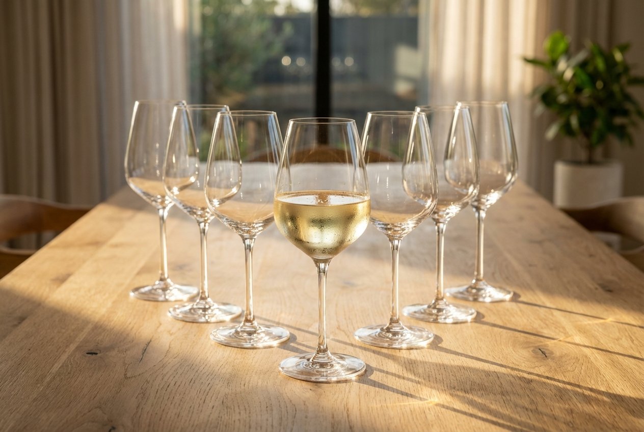 Zestaw eleganckich kieliszków do wina białego 460 ml z kolekcji DIVINE marki Krosno Glass, ustawionych na drewnianym stole w jasnym pomieszczeniu.