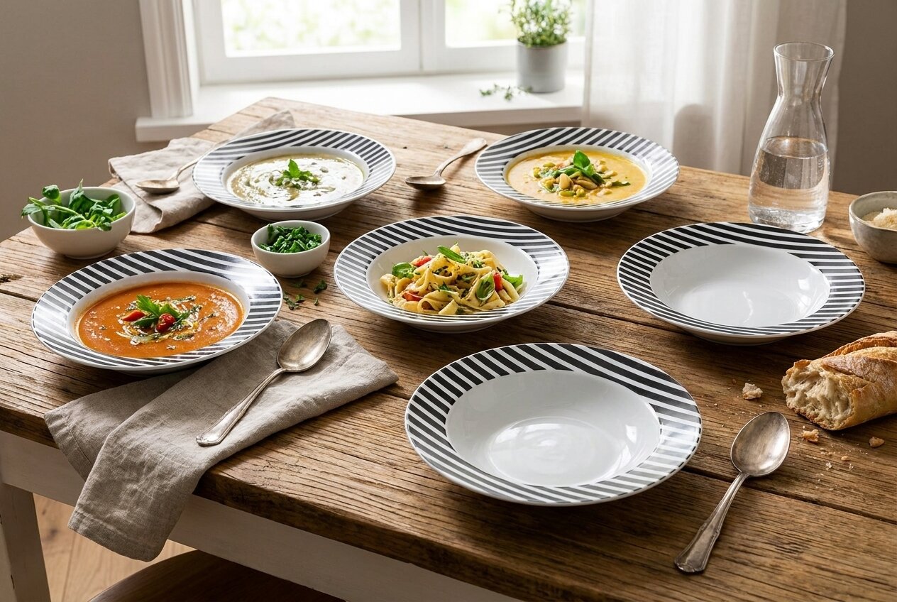 Nowoczesny talerz głęboki Ćmielów Cosmopolitan G138 w czarne paski na drewnianym stole w aranżacji jadalnianej.