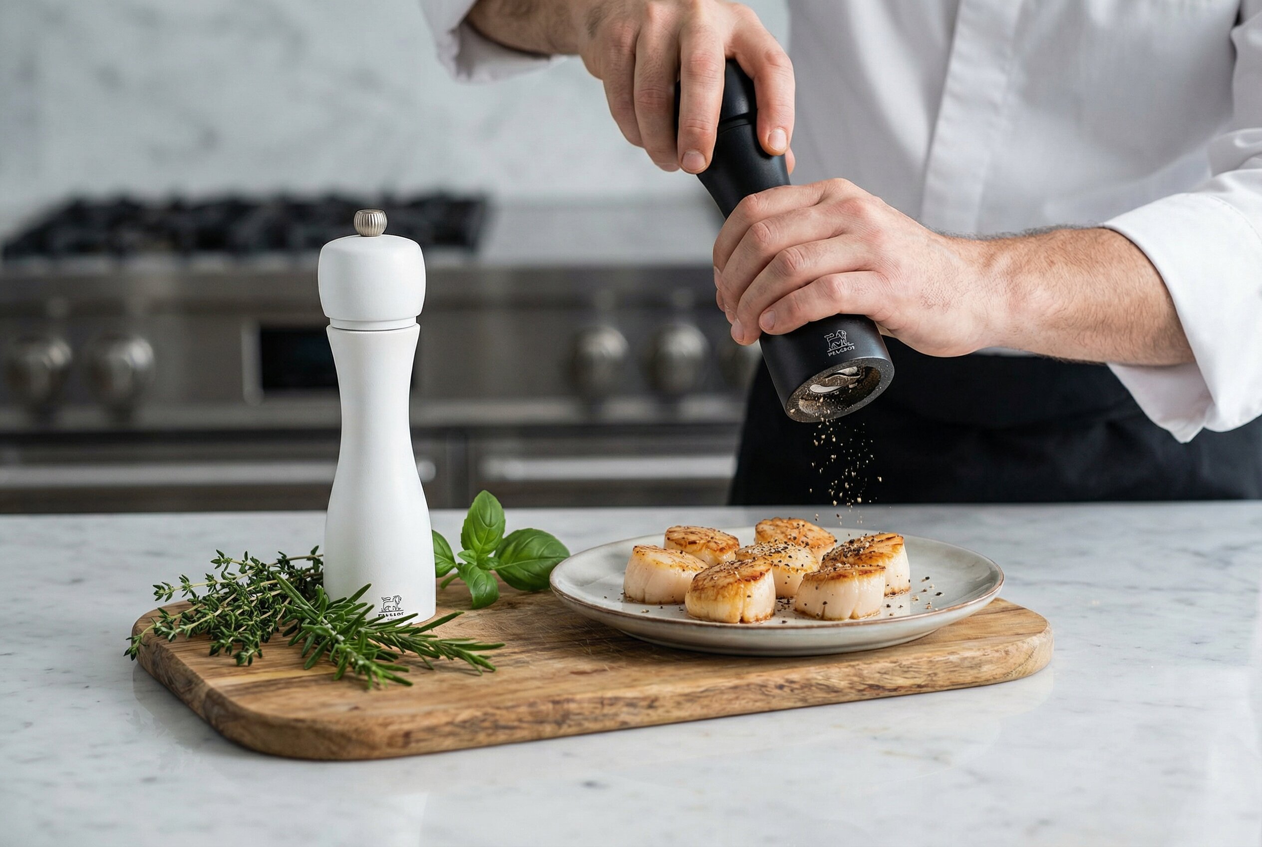 Szef kuchni używa czarnego młynka Peugeot Tahiti do pieprzu; obok biały młynek do soli i świeże zioła na drewnianej desce.