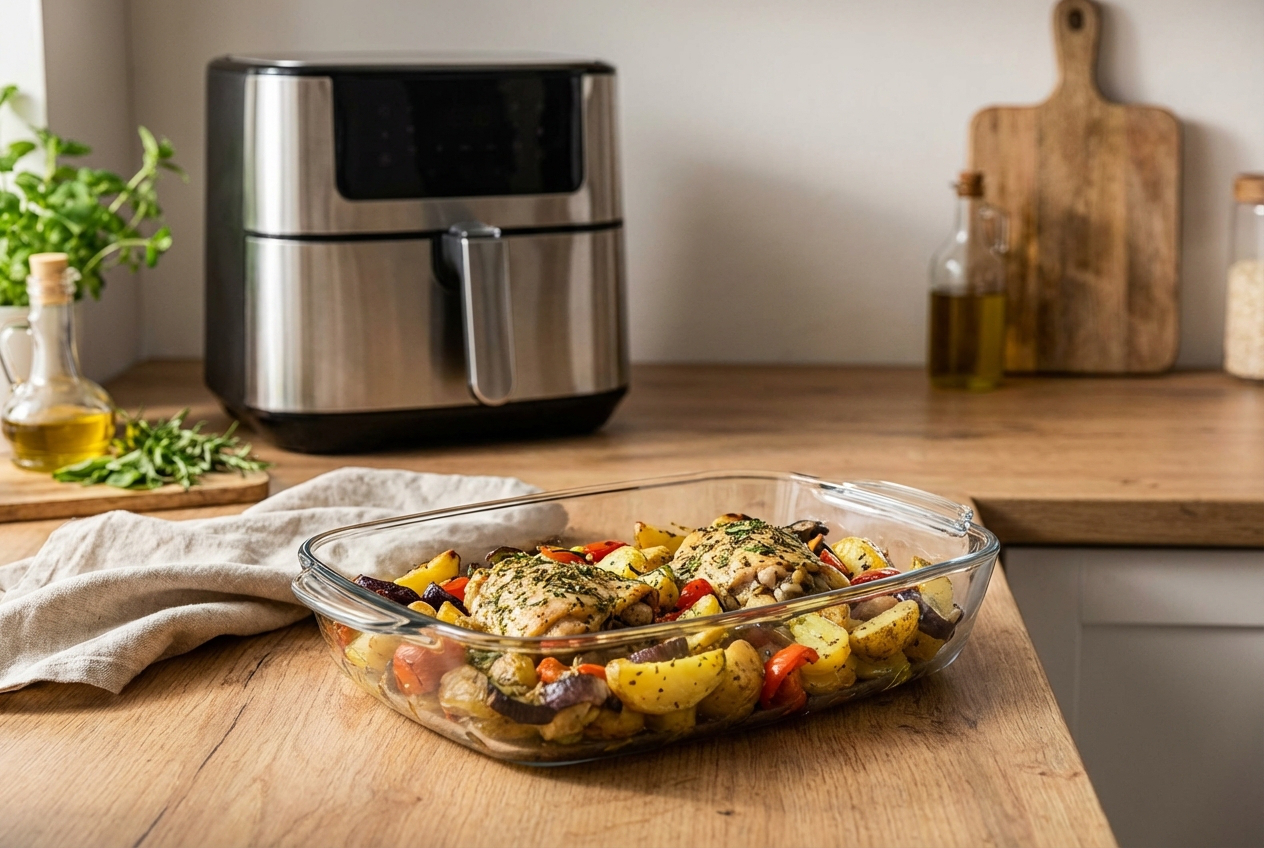 Prostokątne naczynie żaroodporne Simax o pojemności 3,6 l z upieczonym kurczakiem i ziemniakami, stojące na drewnianym blacie obok frytkownicy beztłuszczowej
