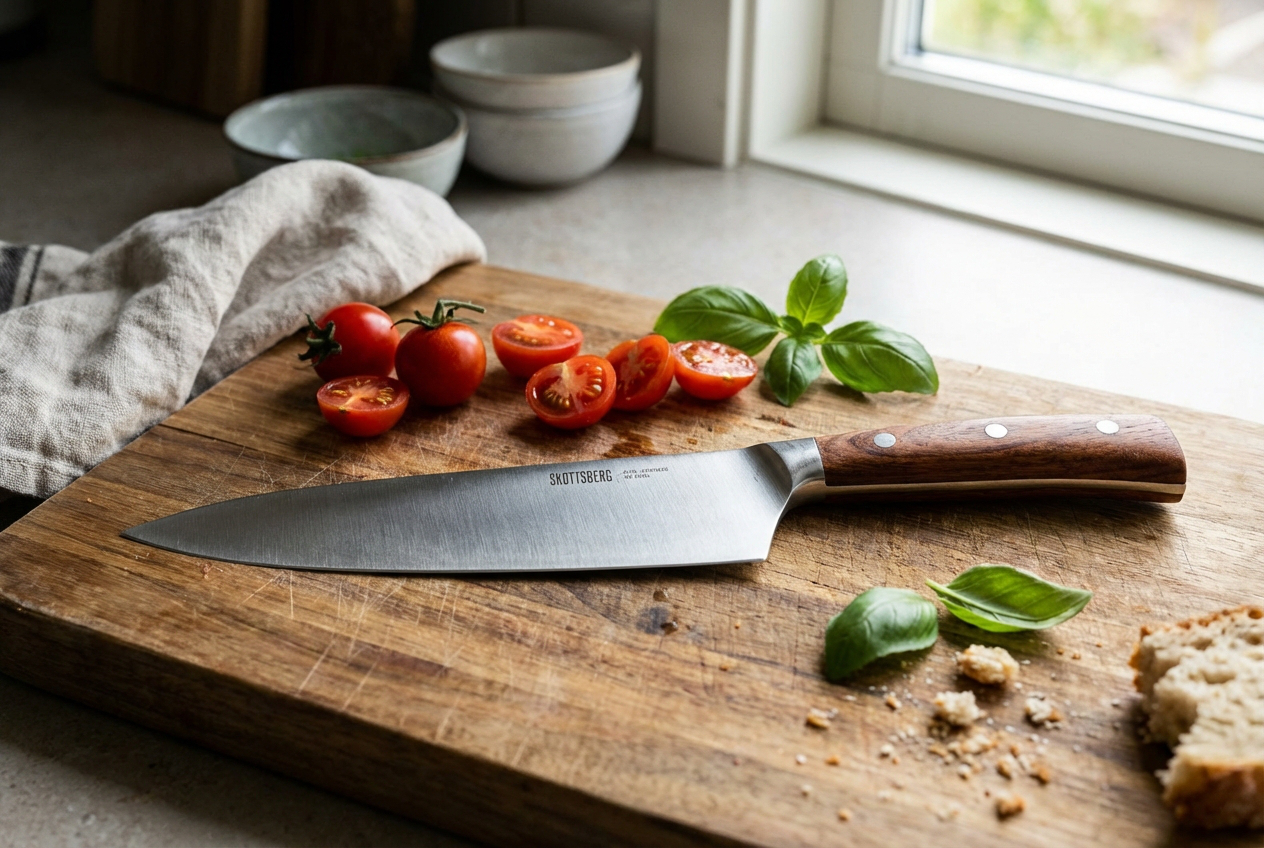 Nóż szefa kuchni Skottsberg 20 cm na drewnianej desce obok pomidorków koktajlowych i bazylii. Model 7522177081 z ergonomiczną rękojeścią