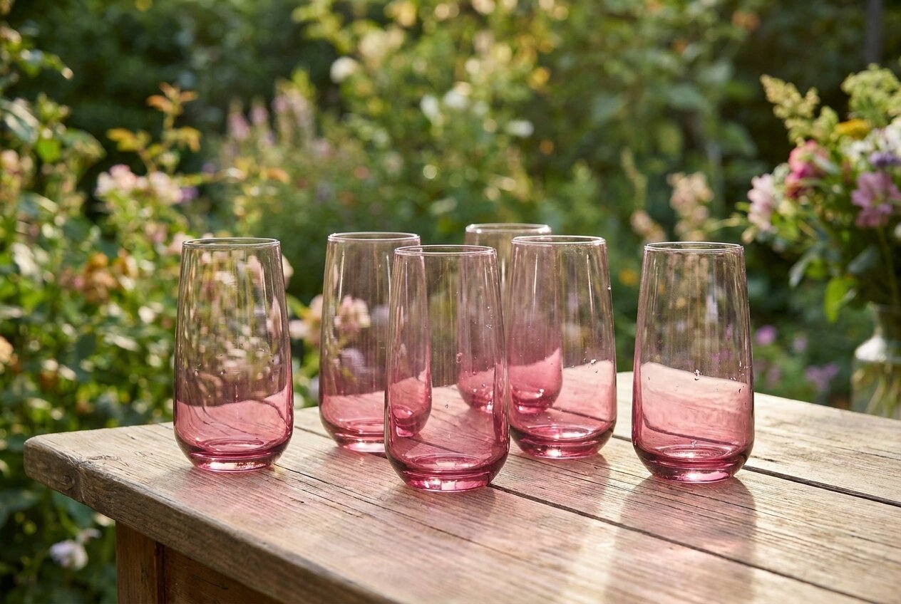 Różowe szklanki wysokie 430 ml Glasmark z kolekcji Sunset Rubin (kod W4305252-73) ustawione na drewnianym stole w ogrodzie. Eleganckie szkło stołowe polskiej produkcji.