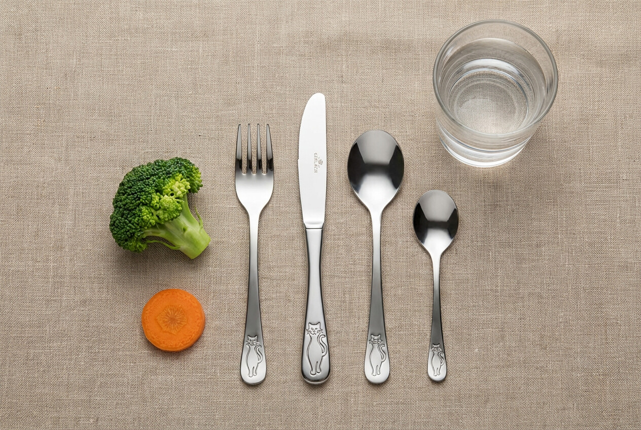 dziecięcych Gerlach BON TON Kotki wykonany ze stali nierdzewnej 18/10, ułożony na lnianym obrusie