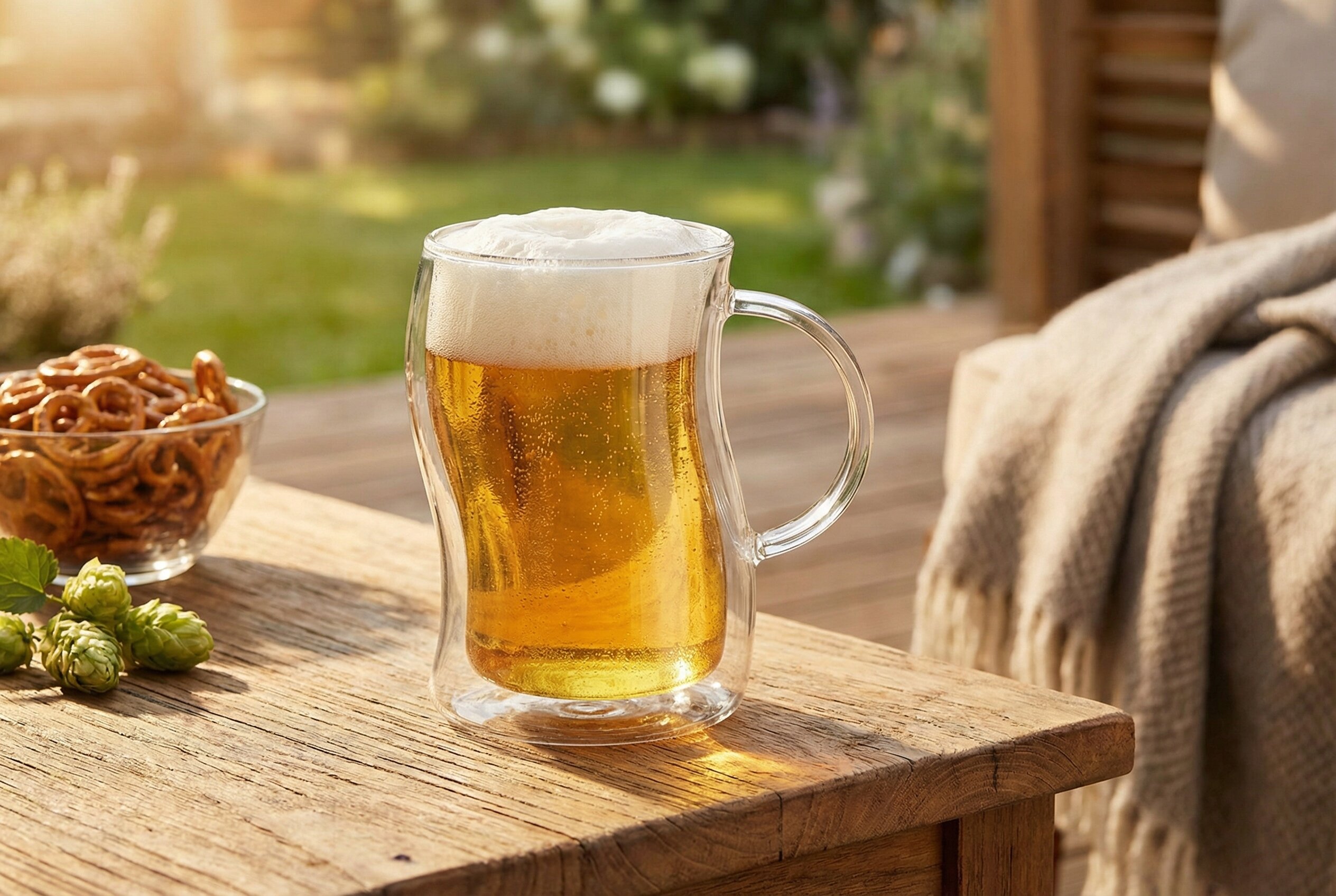 Szklanka do piwa Vialli Design Bolla 500 ml z podwójną ścianką i uchem, wypełniona piwem z pianką na drewnianym stole