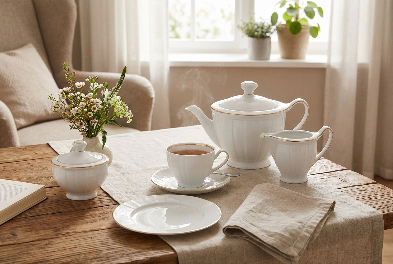 Elegancki porcelanowy zestaw do herbaty Ćmielów Oktawa 3610 ze złotym paskiem w lifestylowej aranżacji na drewnianym stole