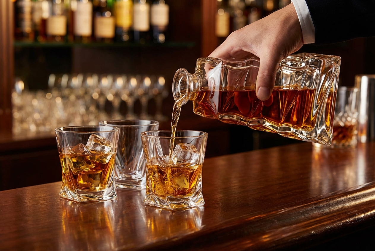 Elegancki zestaw do whisky z kryształu Bohemia model Casablanca, karafka i szklanki na barze