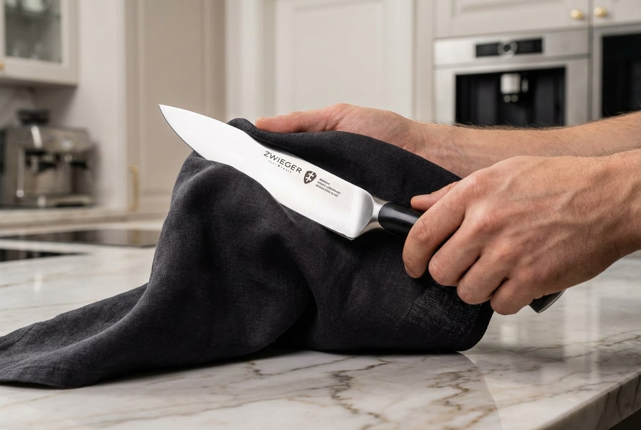 Ręczne osuszanie noża kuchennego Zwieger po myciu, aby zapobiec rdzewieniu.