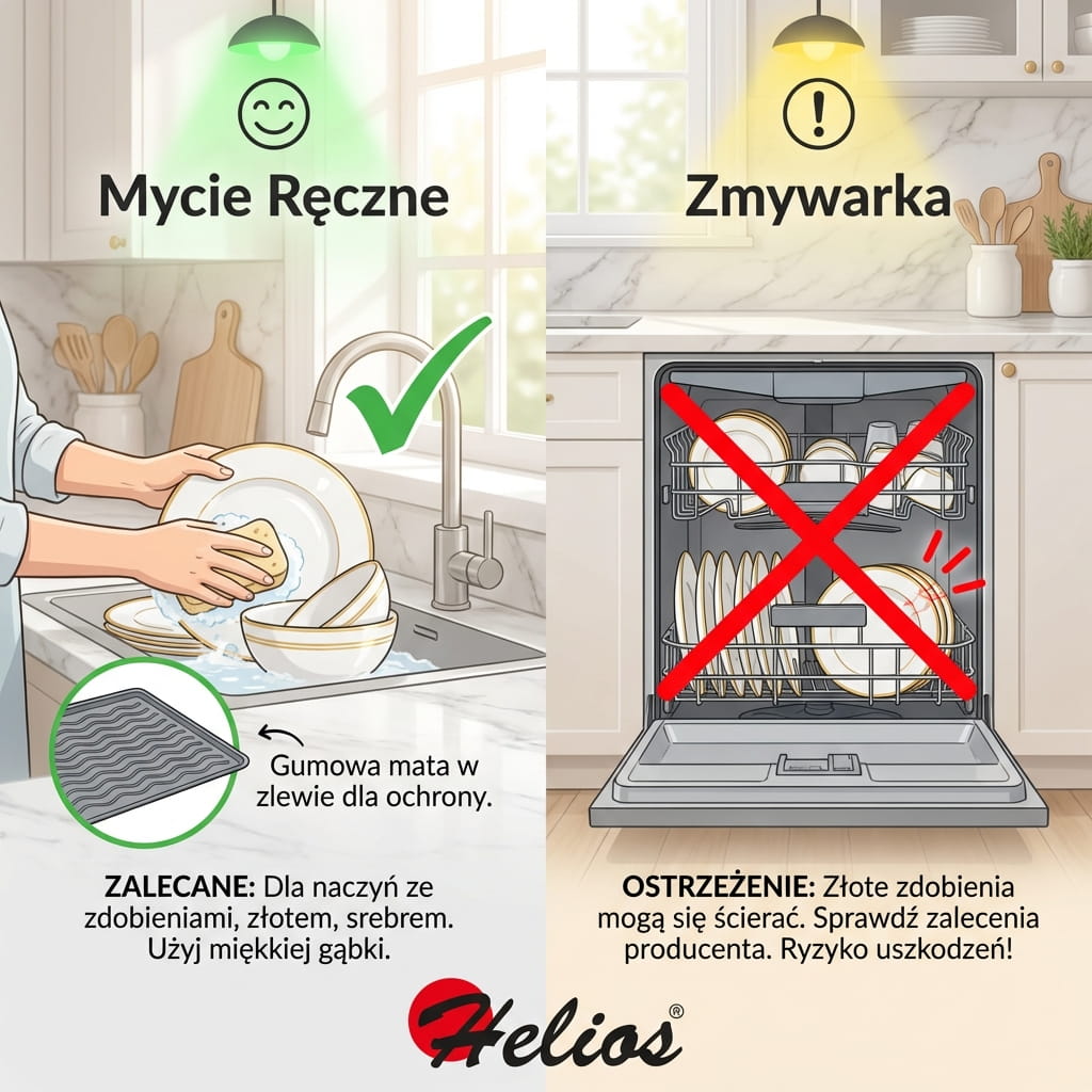 Infografika Helios: Porównanie mycia ręcznego i w zmywarce. Zalecane mycie ręczne dla naczyń ze złotymi i srebrnymi zdobieniami przy użyciu miękkiej gąbki