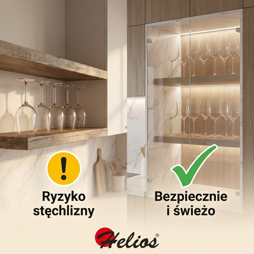 Infografika: porównanie przechowywania kieliszków: źle (do góry dnem) i dobrze (na stopce w witrynie). Napisy: Ryzyko stęchlizny vs Bezpiecznie i świeżo z logo Helios