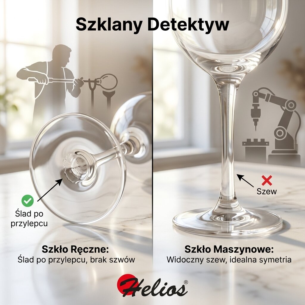 Infografika Helios "Szklany Detektyw": jak odróżnić szkło ręczne od maszynowego. Porównanie śladu po przylepcu i szwu produkcyjnego na kieliszkach.