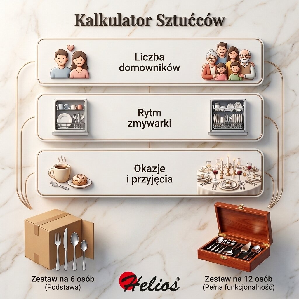 Edukacyjny kalkulator sztućców Helios. Porównanie potrzeb zakupowych dla zestawu na 6 i 12 osób w formie czytelnego drzewka decyzyjnego 3D. Podsumowanie