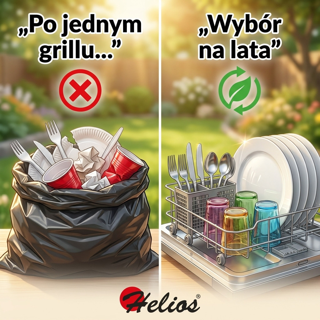 Infografika Helios o Zero Waste: śmieci po grillu vs. trwała porcelana i szkło w zmywarce. Hasła: Po jednym grillu... oraz Wybór na lata. Majówka 2026.