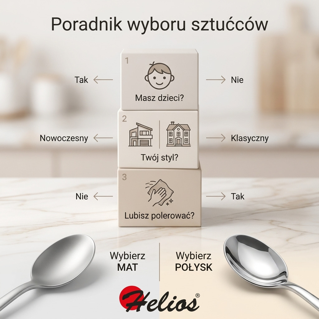 Infografika Helios: Poradnik wyboru sztućców. Drzewko decyzyjne pomagające wybrać między wykończeniem matowym a połyskiem na podstawie stylu życia i wnętrza