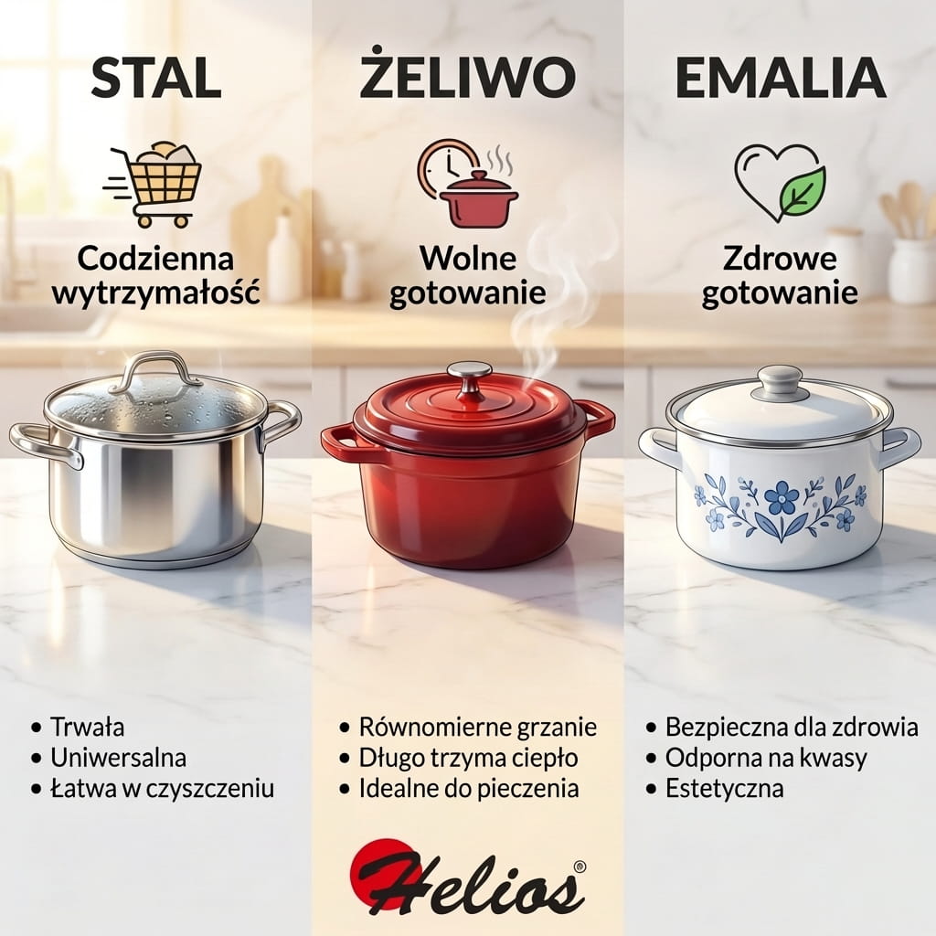 Infografika Helios porównująca cechy garnków: stalowe (trwałe i uniwersalne), żeliwne (idealne do wolnego gotowania i pieczenia) oraz emaliowane (zdrowe i kwasoodporne)