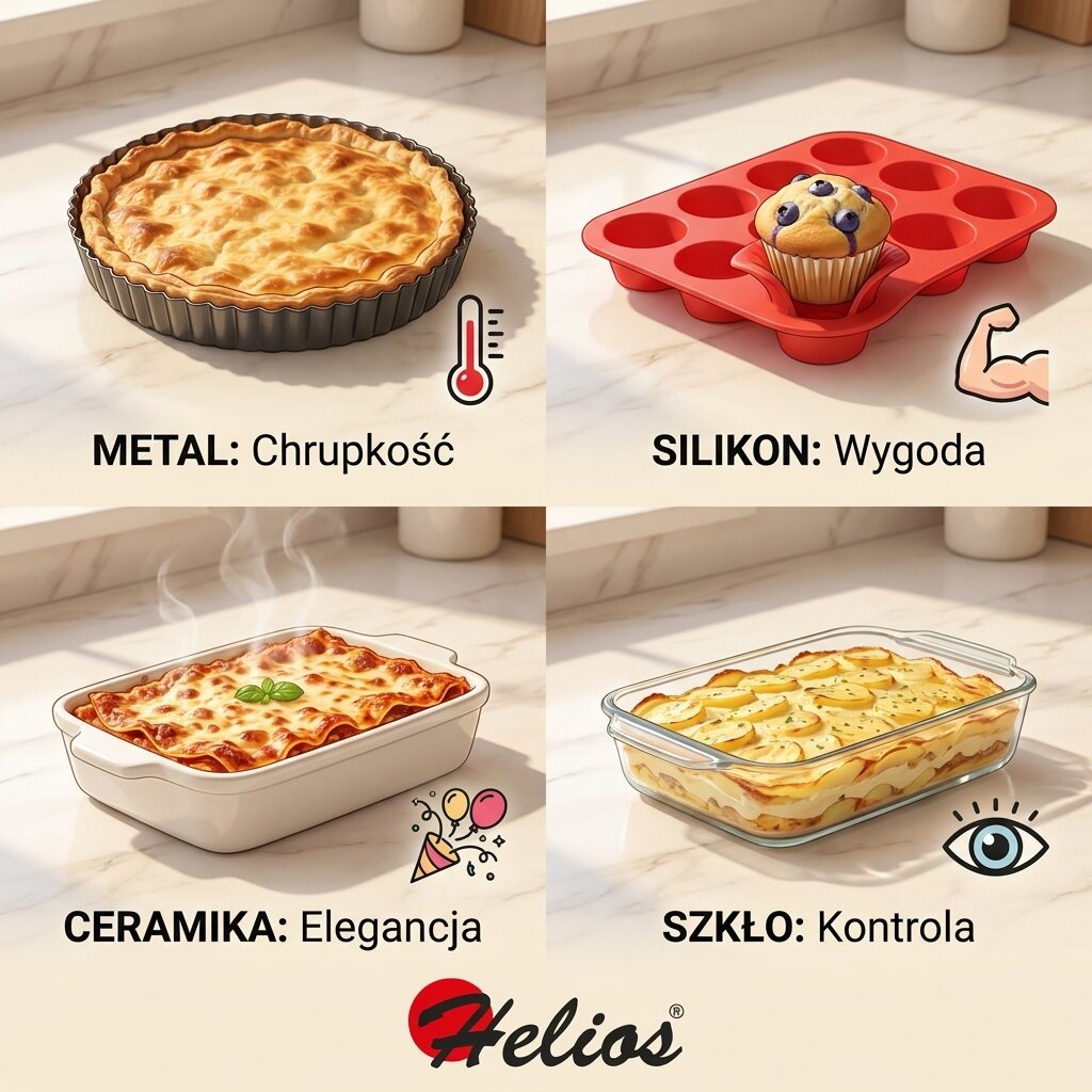 Infografika Helios: Supermoce form do pieczenia. Metal (chrupkość), Silikon (wygoda), Ceramika (elegancja) i Szkło (kontrola). Porównanie 4 materiałów w kuchni.