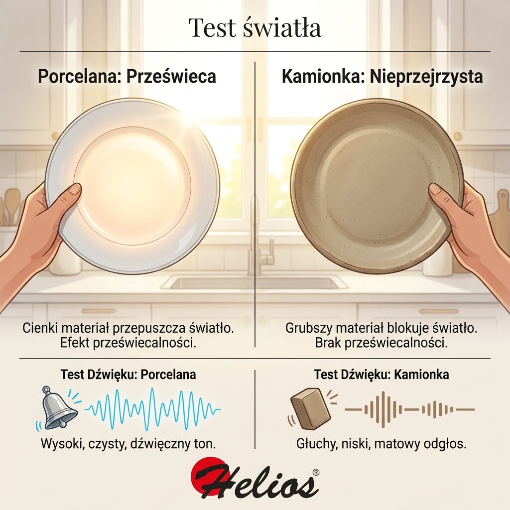 Infografika Helios: edukacyjny test światła i dźwięku porcelany i kamionki. Hasła: Prześwieca vs Nieprzejrzysta, Wysoki czysty ton vs Głuchy odgłos.